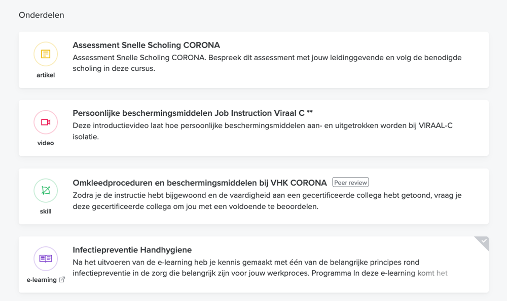 De bouwstenen van een cursus over corona in CAPP LMS Cursusonderdelen LUMC in CAPP LMS