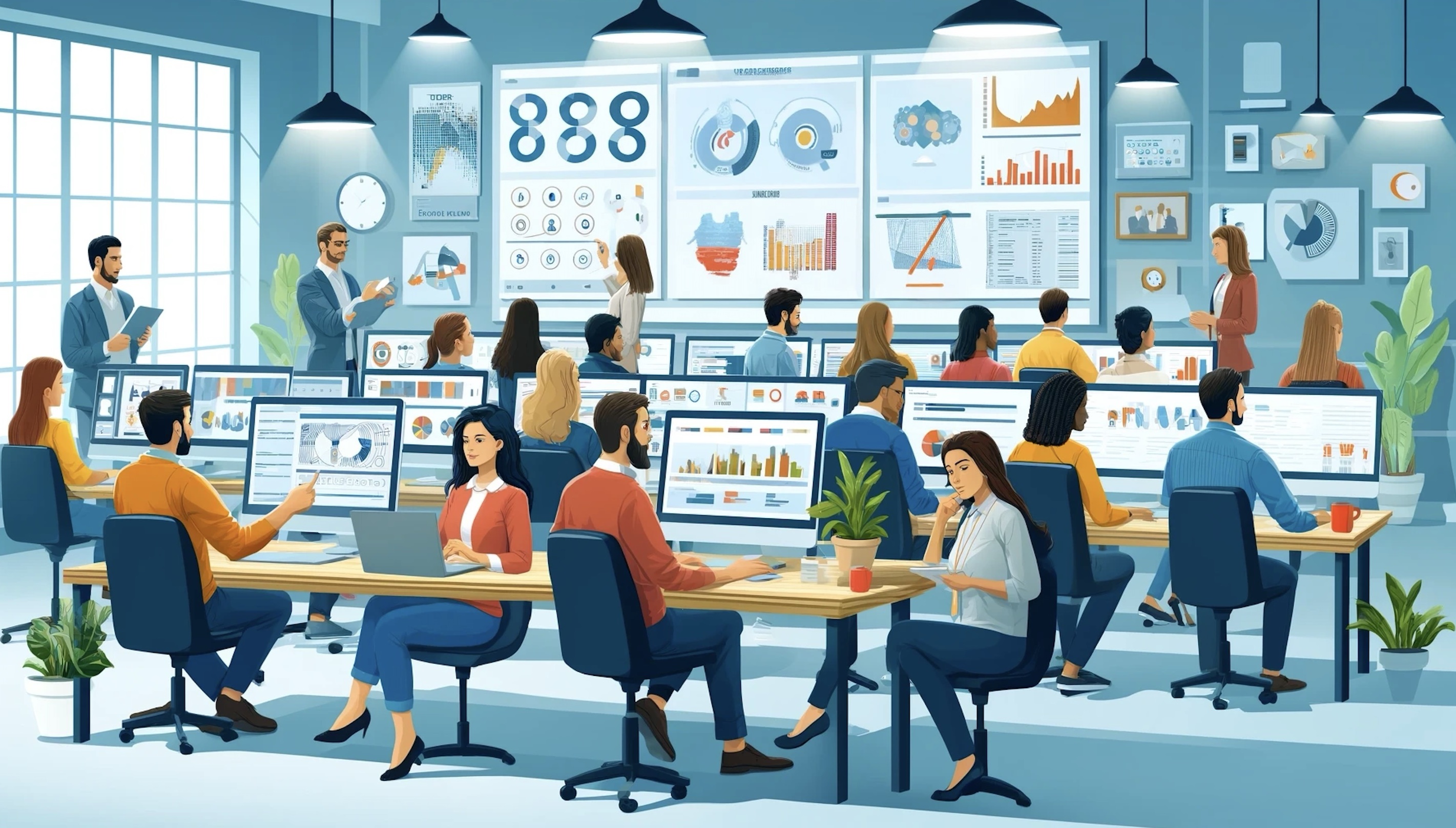Illustratie van moderne kantooromgeving met dashboards en medewerkers